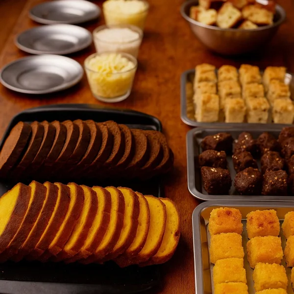 Mesa do café da manhã com pães, bolos e bolinhos