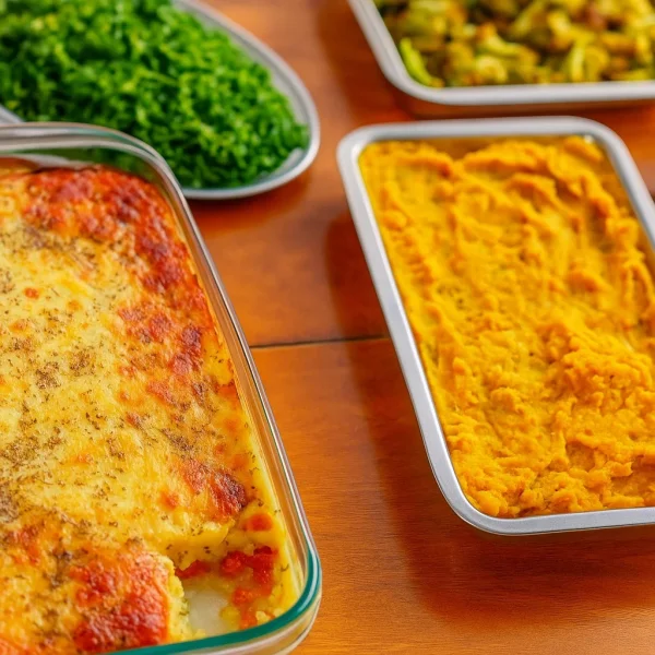 Travessas de lasanha, purê e legumes no buffet
